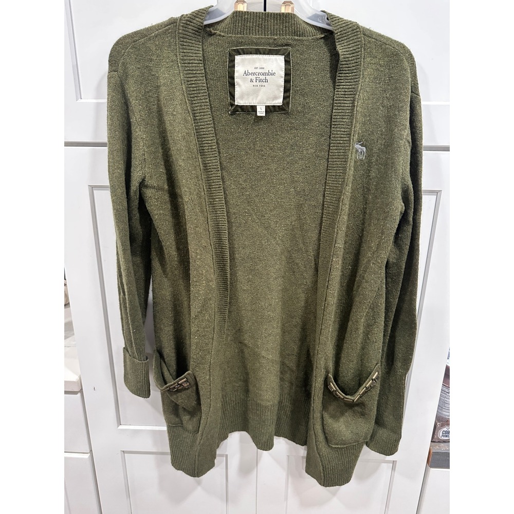Abercrombie Fitch Olive Green Embellished Pocket Cardigan Sweater Size L